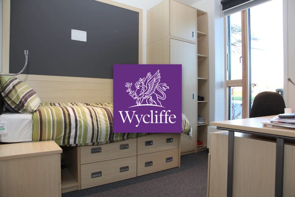 Boarding room bed set. Wycliffe logo square overlaid in the centre of the image